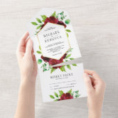 素朴フローラ金ゴールド緑結婚色 オールインワン招待状 (貼ってはがせる)