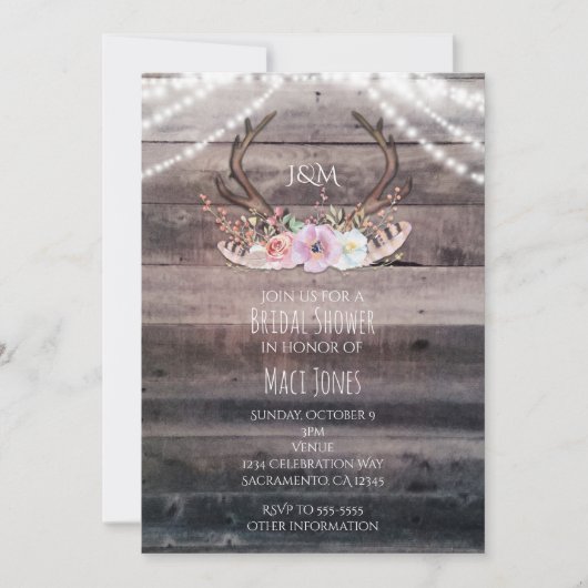 素朴フローラ鹿の〔雄ジカの〕枝角とストリングライト 招待状 (正面)