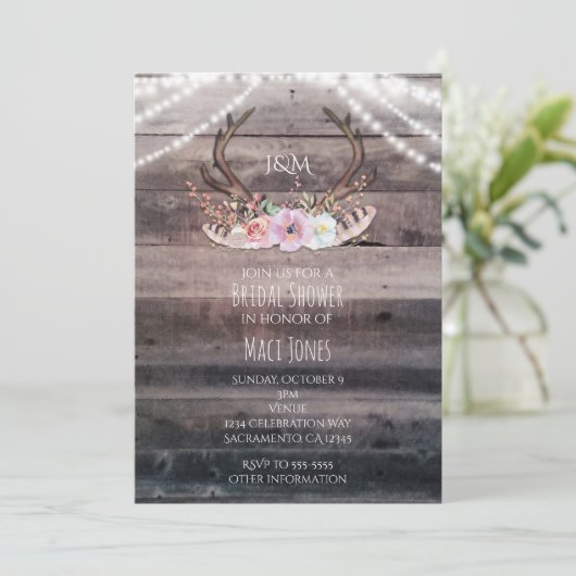 素朴フローラ鹿の〔雄ジカの〕枝角とストリングライト 招待状 (スタンド正面)