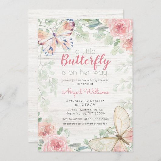 素朴フローラ/緑の蝶女のベビーシャワー 招待状 (正面/裏面)