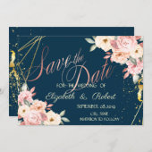 素朴フローラ、金ゴールド、ネイビーブルー日付の保存 セーブザデート (正面/裏面)