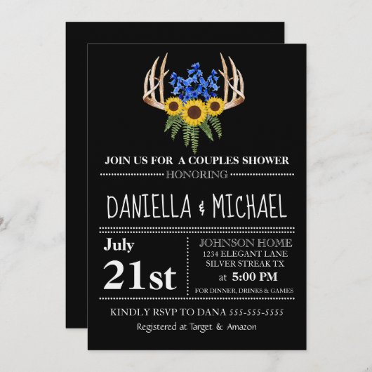 素朴フローラ〔雄ジカの〕枝角カップルシャワー結婚ズ 招待状 (正面/裏面)