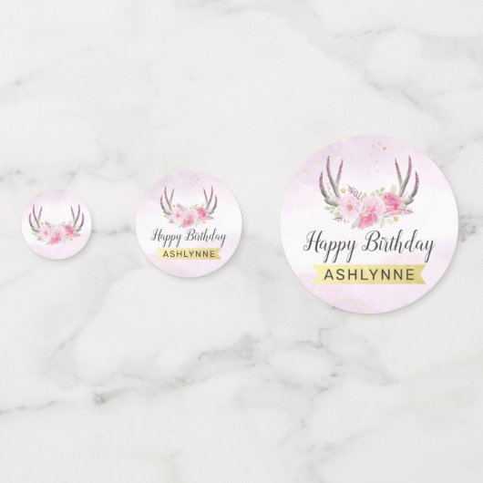 素朴フローラ〔雄ジカの〕枝角赤面ピンク&金ゴールド誕生日 コンフェッティ (正面)