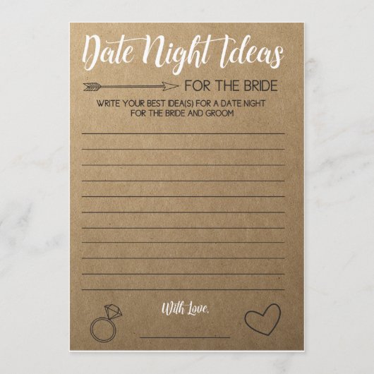 素朴ブライダルシャワーゲーム – 日付の夜のアイディア アドバイスカード (正面)