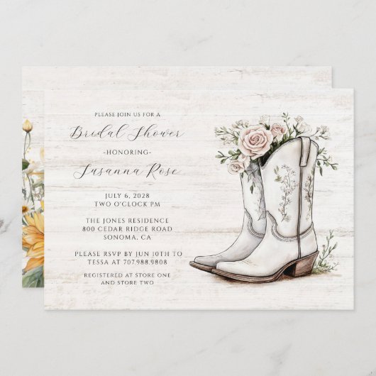 素朴ブライダルシャワーフローラ女性のカーボーイブーツ 招待状 (正面/裏面)
