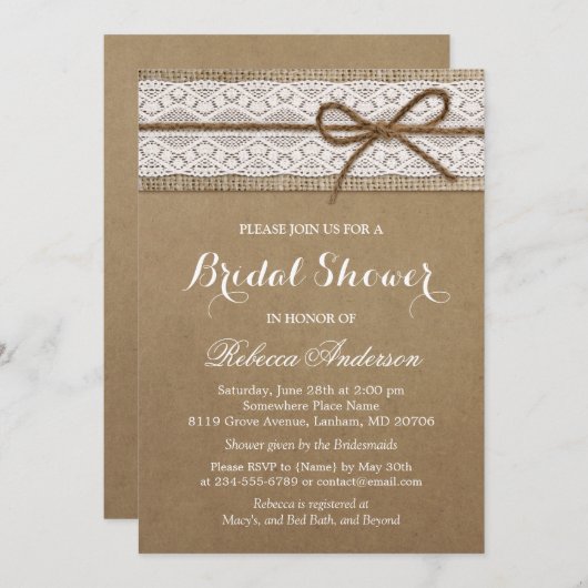 素朴ブライダルシャワーレエレガントースのラップ 招待状 (正面/裏面)