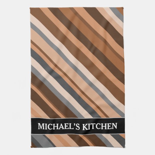 素朴ブラウン、ベ自然ージュ、グレーのストライプ。名前 キッチンタオル (縦)