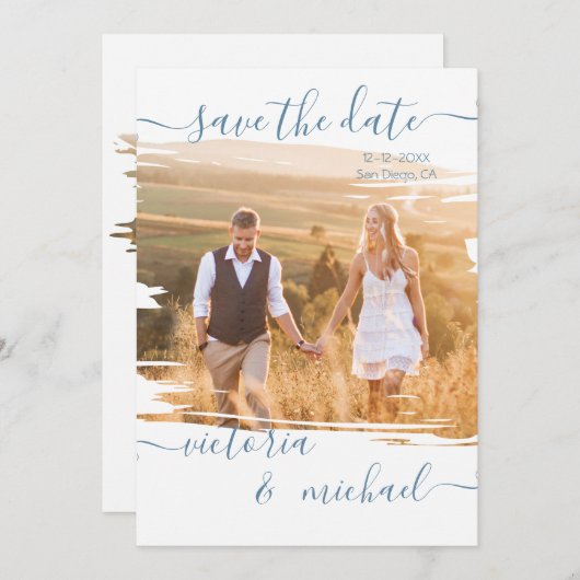 素朴ブラシ結婚線の写真日付を保存 招待状 (正面/裏面)