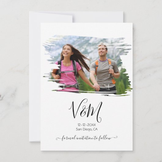 素朴ブラシ結婚線の写真日付を保存 招待状 (裏面)