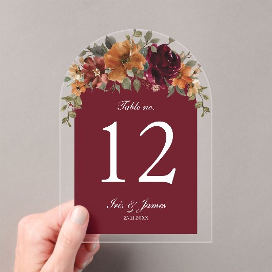 素朴ブルゴーニュさびフローラ結婚のテーブル番号 アクリル招待状 (インサイチュ (ポータブル))