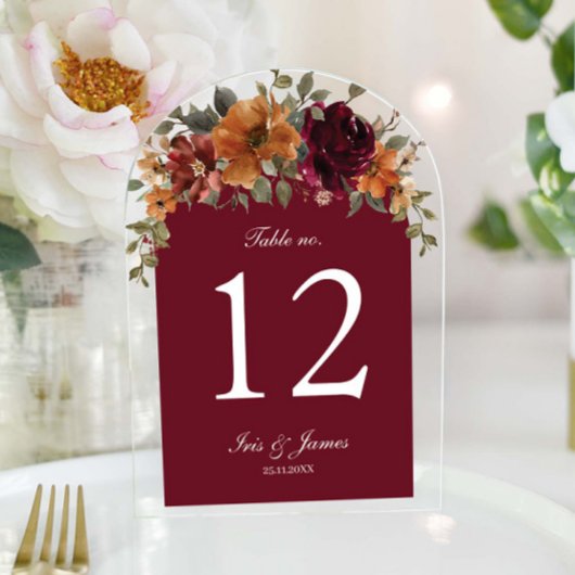 素朴ブルゴーニュさびフローラ結婚のテーブル番号 アクリル招待状