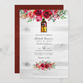 素朴ブルゴーニュとピンクのフローラQRコー結婚ド 招待状 (正面/裏面)
