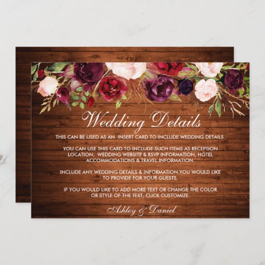 素朴ブルゴーニュフローラウッド結婚ズ詳細カード セーブザデート (正面/裏面)