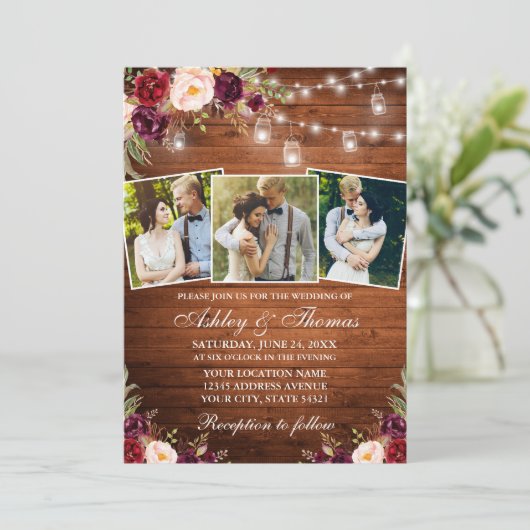 素朴ブルゴーニュフローラウッド3フォトライト結婚ズ 招待状 (スタンド正面)