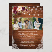 素朴ブルゴーニュフローラライトレース3写真結婚の 招待状 (正面/裏面)