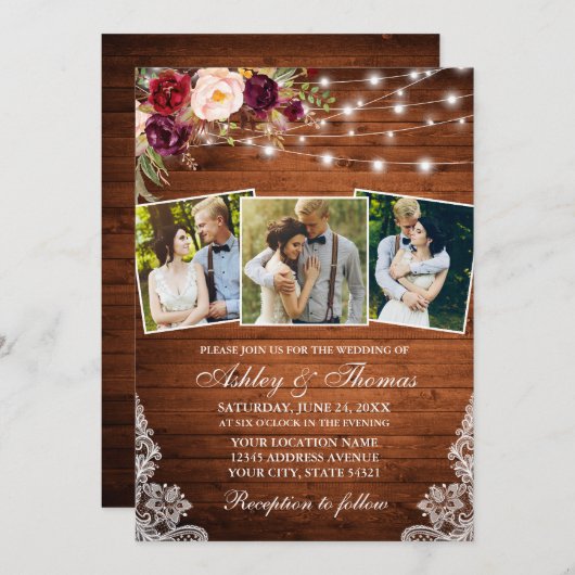 素朴ブルゴーニュフローラライトレース3写真結婚の 招待状 (正面/裏面)