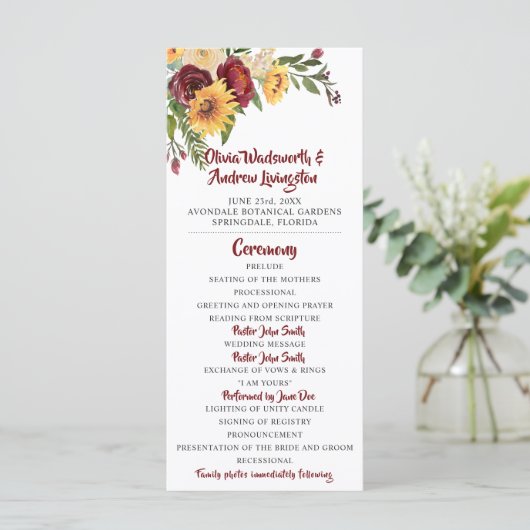 素朴ブルゴーニュフローラ黄色ひまわり結婚の プログラム (スタンド正面)