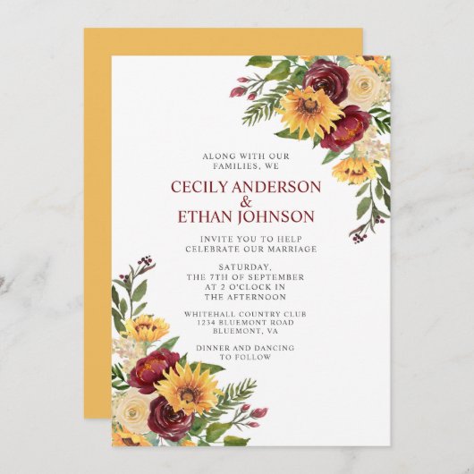 素朴ブルゴーニュフローラ黄色ひまわり結婚の 招待状 (正面/裏面)