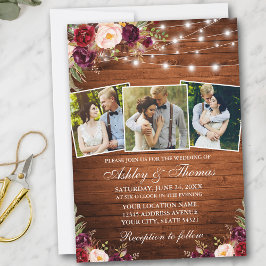 素朴ブルゴーニュフローラ3 Photo Wood Lights 結婚's 招待状