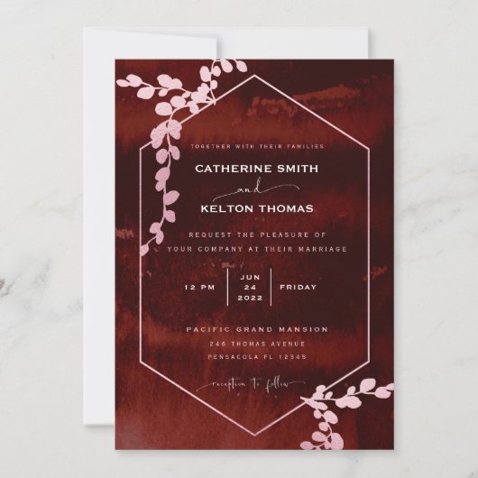 素朴ブルゴーニューピンク幾何結婚フローラのInvi 招待状 (正面)