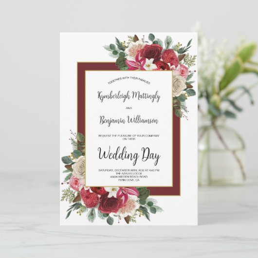 素朴ブルゴーニュ冬フローラ結婚クリスマス 招待状 (スタンド正面)