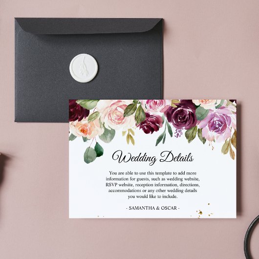 素朴ブルゴーニュ水彩の花と金ゴールド エンクロージャーカード