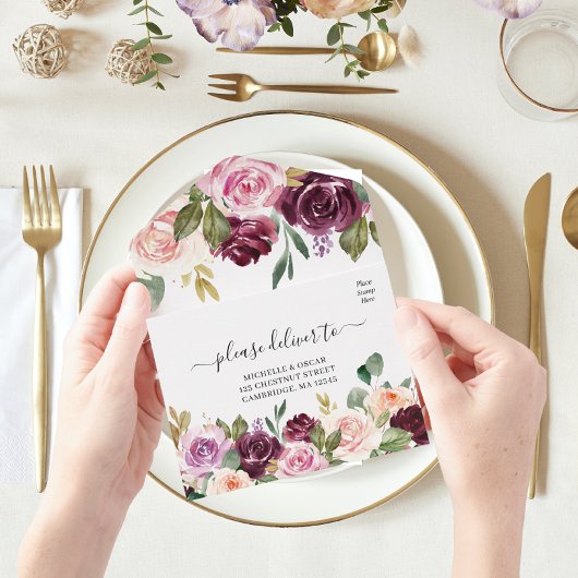 素朴ブルゴーニュ水彩の花と金ゴールド オールインワン招待状