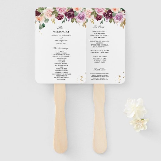 素朴ブルゴーニュ水彩の花と金ゴールド ハンドファン (正面&裏面)