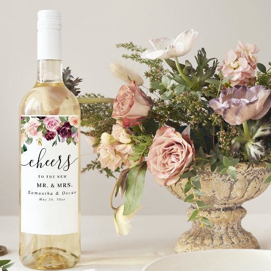 素朴ブルゴーニュ水彩の花と金ゴールド ワインラベル