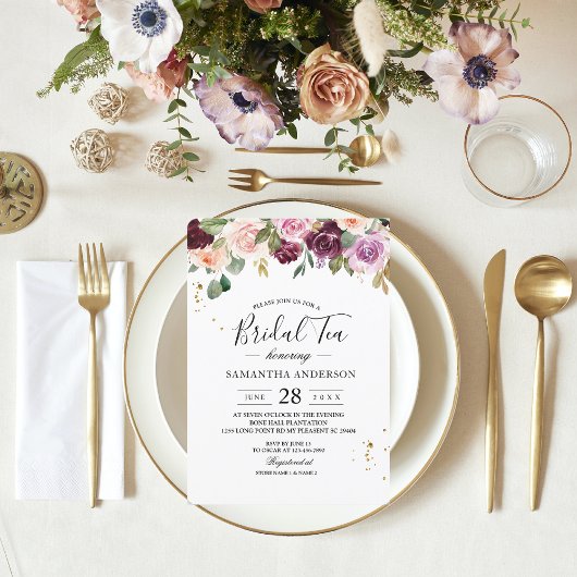 素朴ブルゴーニュ水彩の花と金ゴールド 招待状