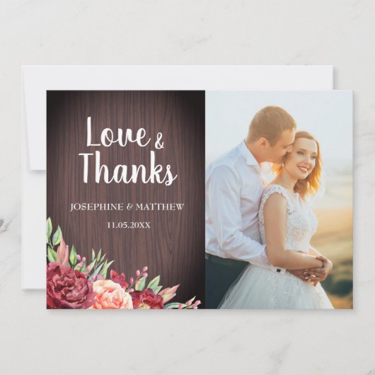 素朴ブルゴーニュ水彩フローラ写真結婚の サンキューカード (正面)