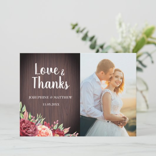 素朴ブルゴーニュ水彩フローラ写真結婚の サンキューカード (スタンド正面)