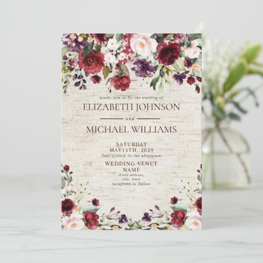 素朴ブルゴーニュ水彩フローラ樺の木結婚ズ 招待状 (スタンド正面)