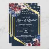 素朴ブルゴーニュ海軍ブルー金ゴールドジオメトリック結婚ス 招待状 (正面/裏面)