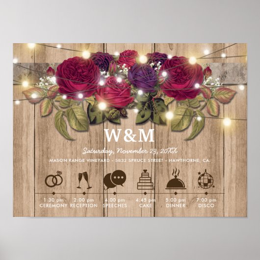素朴ブルゴーニュ赤フローラ結婚式の日のタイムライン ポスター (正面)