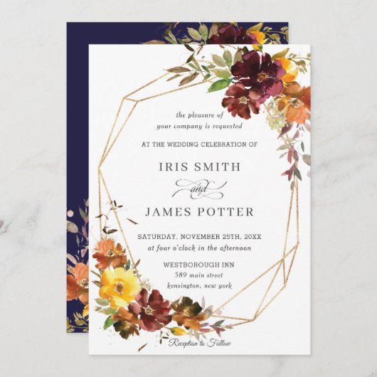 素朴ブルゴーニュ黄フローラ結婚の幾何学的 招待状 (正面/裏面)