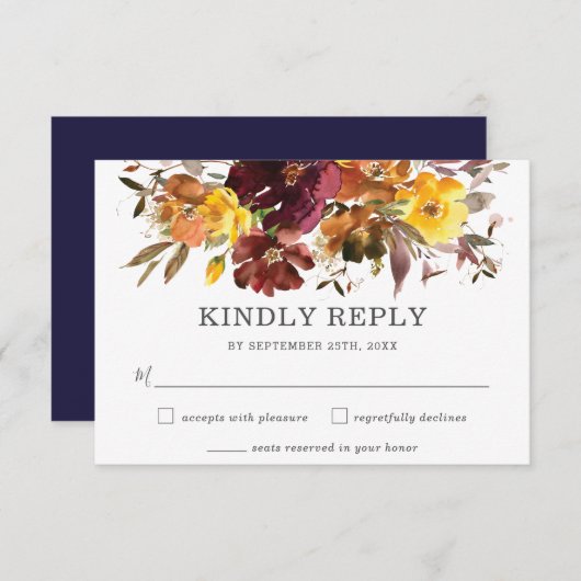 素朴ブルゴーニュ黄色フローラ結婚式RSVPカード 出欠カード (正面/裏面)