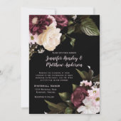 素朴ブルゴーニュ、赤面ピンク、ホワイトフローラ結婚 招待状 (正面)