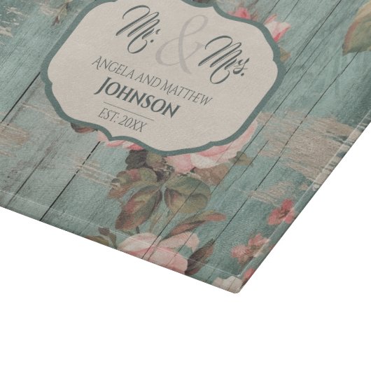 素朴ブルーウッド結婚フローラパーソナライズされたのギフト カッティングボード (角)