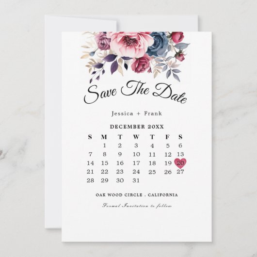 素朴ブルーブルゴーニュ&パープルフローラ結婚ズ セーブザデート (正面)