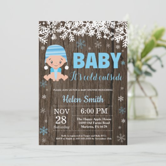 素朴ベビーの冷たい外の男の子の赤ちゃんシャワー 招待状 (スタンド正面)