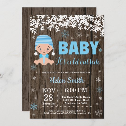素朴ベビーの冷たい外の男の子の赤ちゃんシャワー 招待状 (正面/裏面)