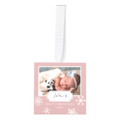 素朴ベビーピンクフォトコラージュスノー キューブオーナメント (正面)