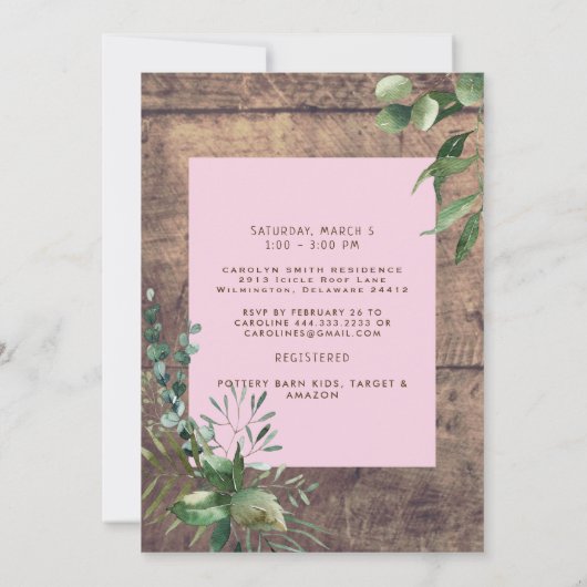 素朴ベビーラブウッド超音波赤ちゃんシャワーピンク 招待状 (裏面)