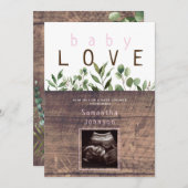 素朴ベビーラブウッド超音波赤ちゃんシャワーピンク 招待状 (正面/裏面)