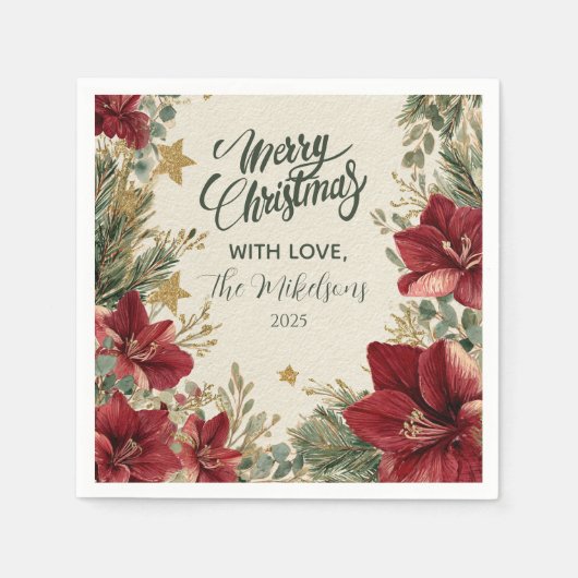 素朴ホリデーアマリリスクリスマス スタンダードカクテルナプキン (正面)