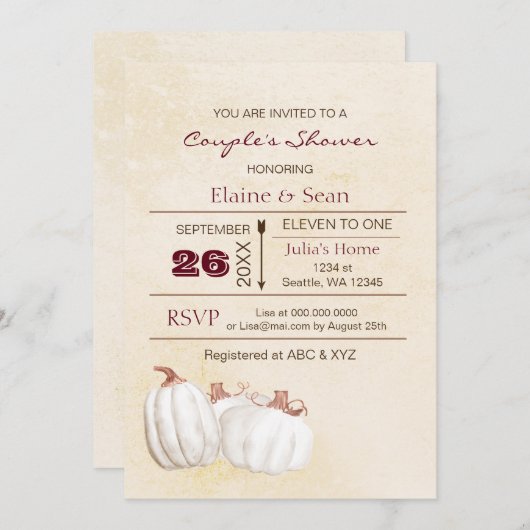 素朴ホワイトカボチャ秋ブライダルシャワー 招待状 (正面/裏面)