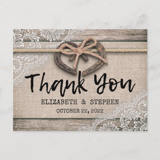素朴ホースシューズ結婚Burlap Lace Thank You ポストカード (正面)