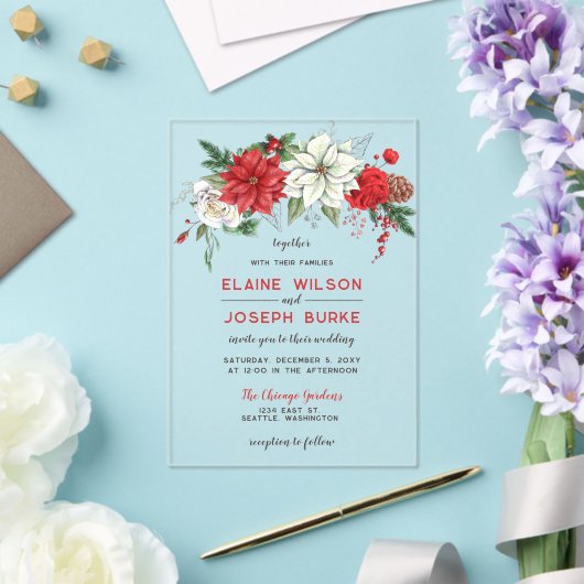 素朴ポインセチア冬の葉パインコーン結婚の アクリル招待状 (インサイチュ (ウェディング))