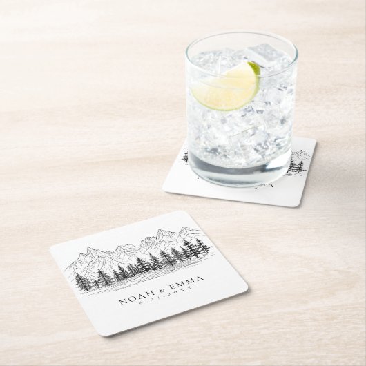 素朴マウンテンスケッチウッドランドパイン結婚ズ スクエアペーパーコースター (インサイチュ)